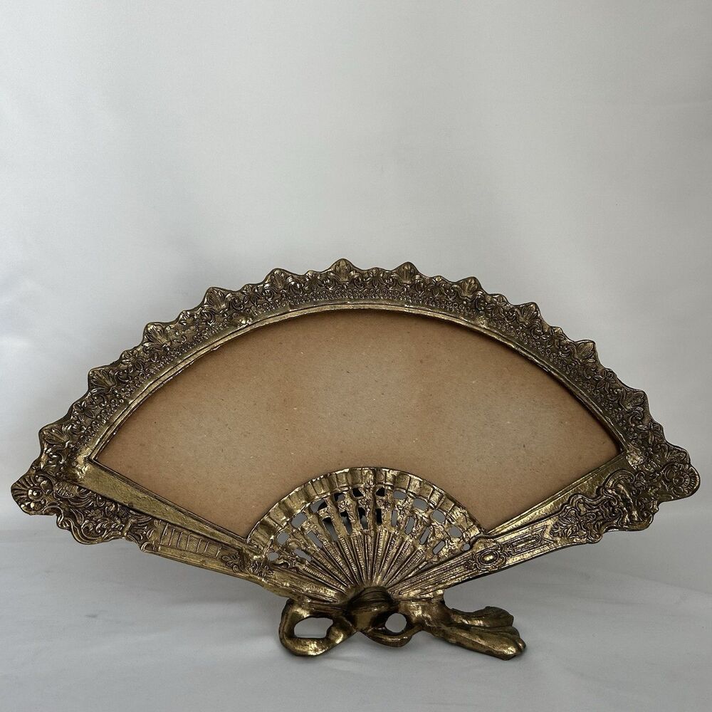 Large 17.25" Ornate Brass Fan-Shaped Tabletop Mirror Frame Victorian Style